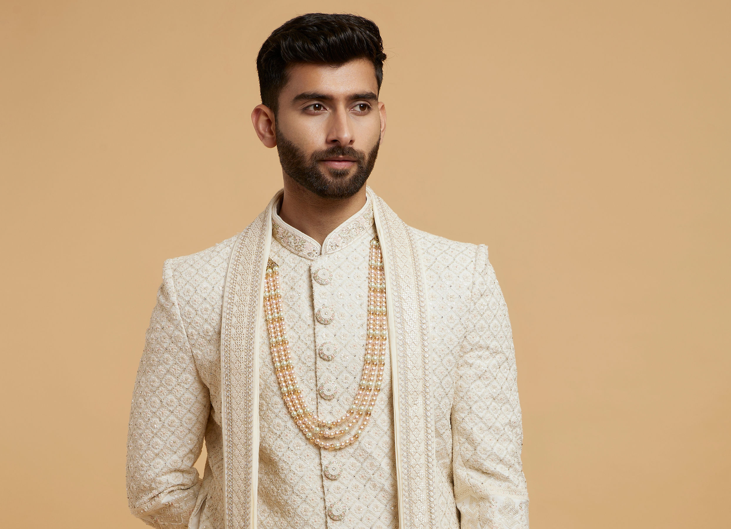 Twamev Men Cream Silk Sequin Hand Embroidered Sherwani