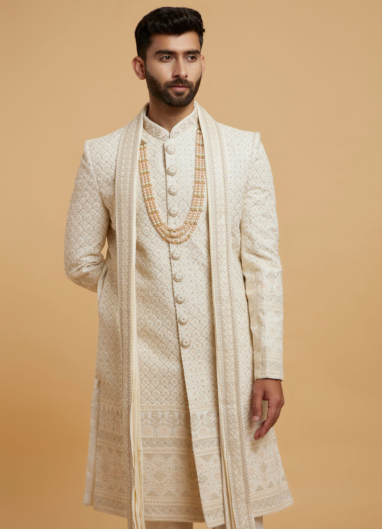 Twamev Men Cream Silk Sequin Hand Embroidered Sherwani