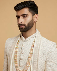Twamev Men Cream Silk Sequin Hand Embroidered Sherwani