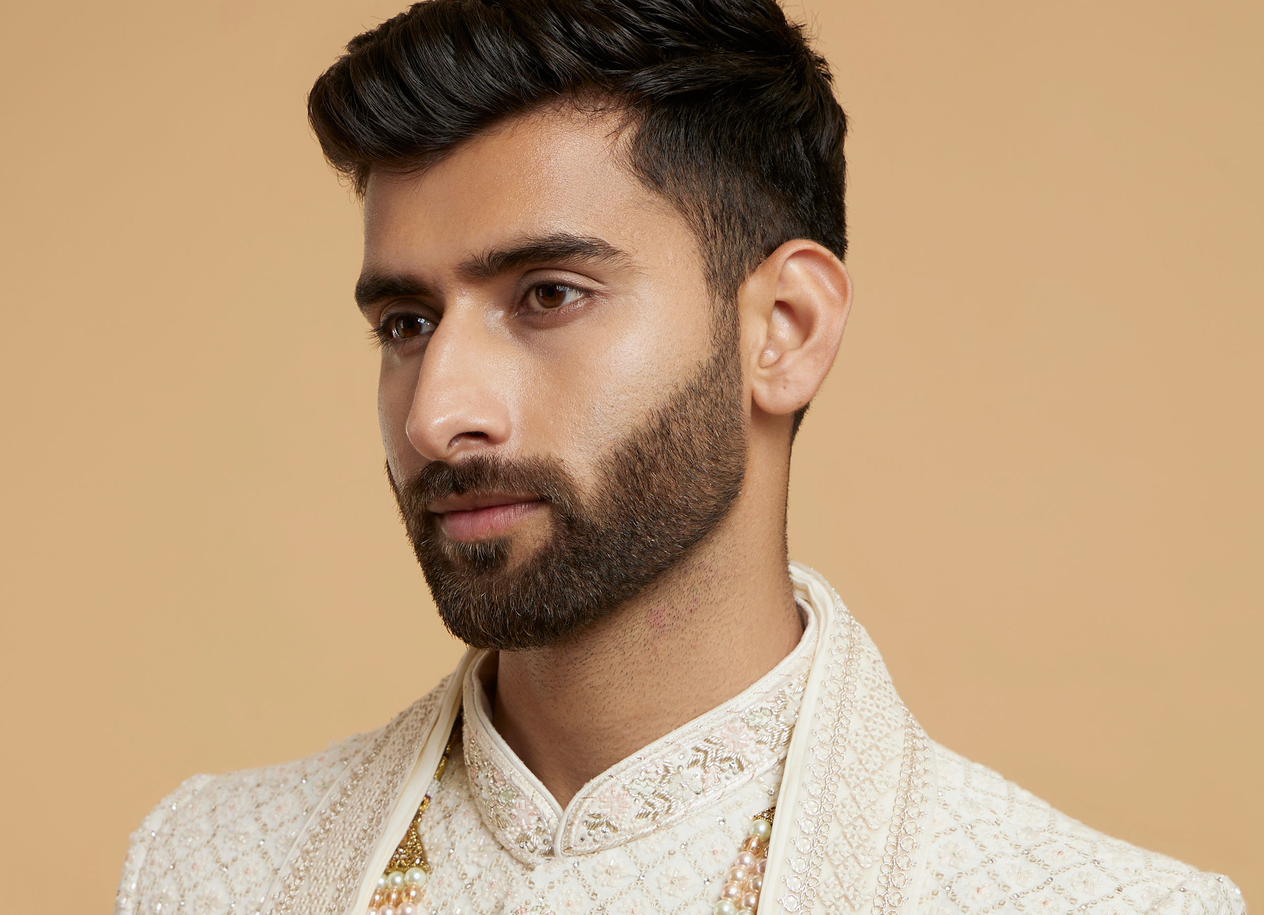 Twamev Men Cream Silk Sequin Hand Embroidered Sherwani