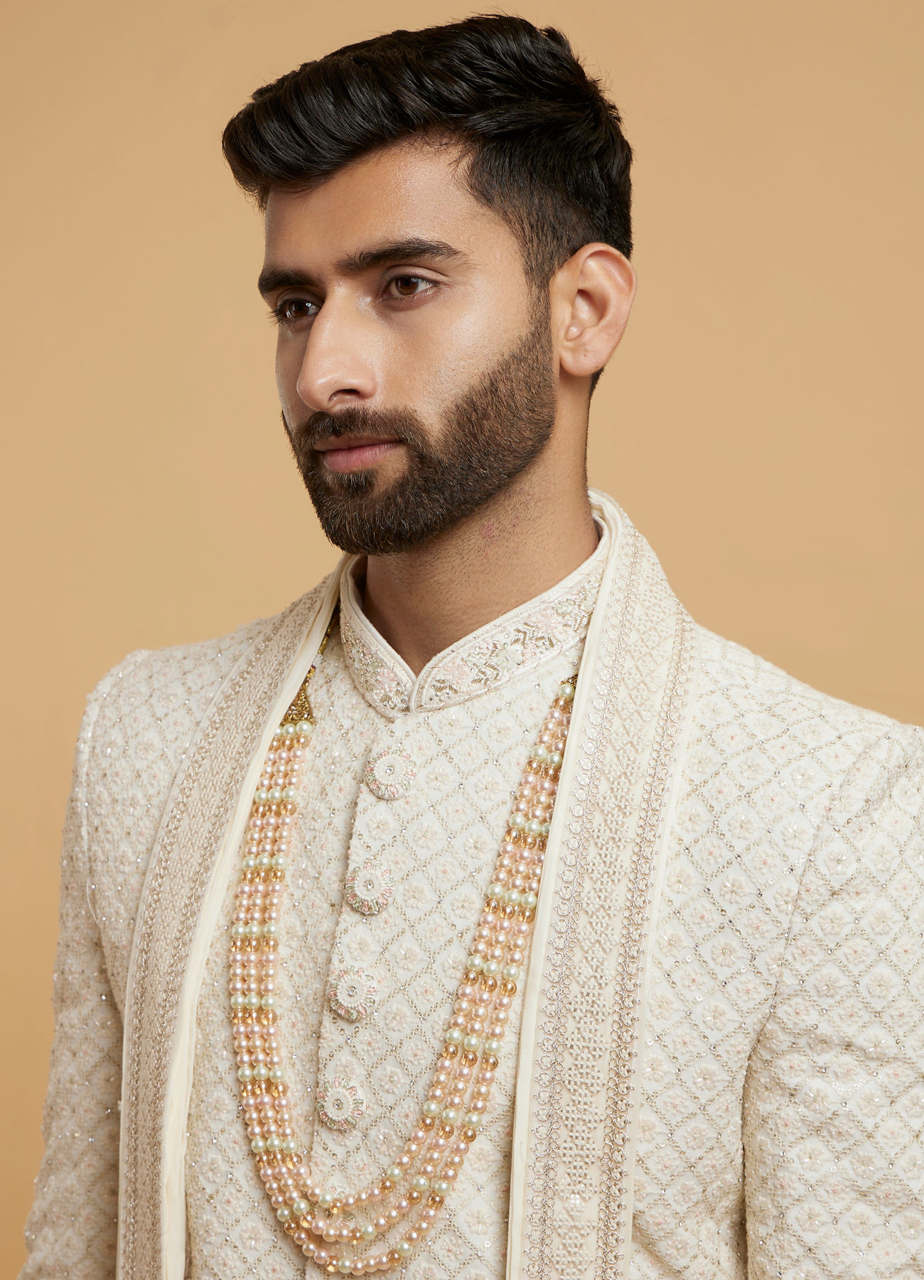 Twamev Men Cream Silk Sequin Hand Embroidered Sherwani