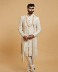 Twamev Men Cream Silk Sequin Hand Embroidered Sherwani
