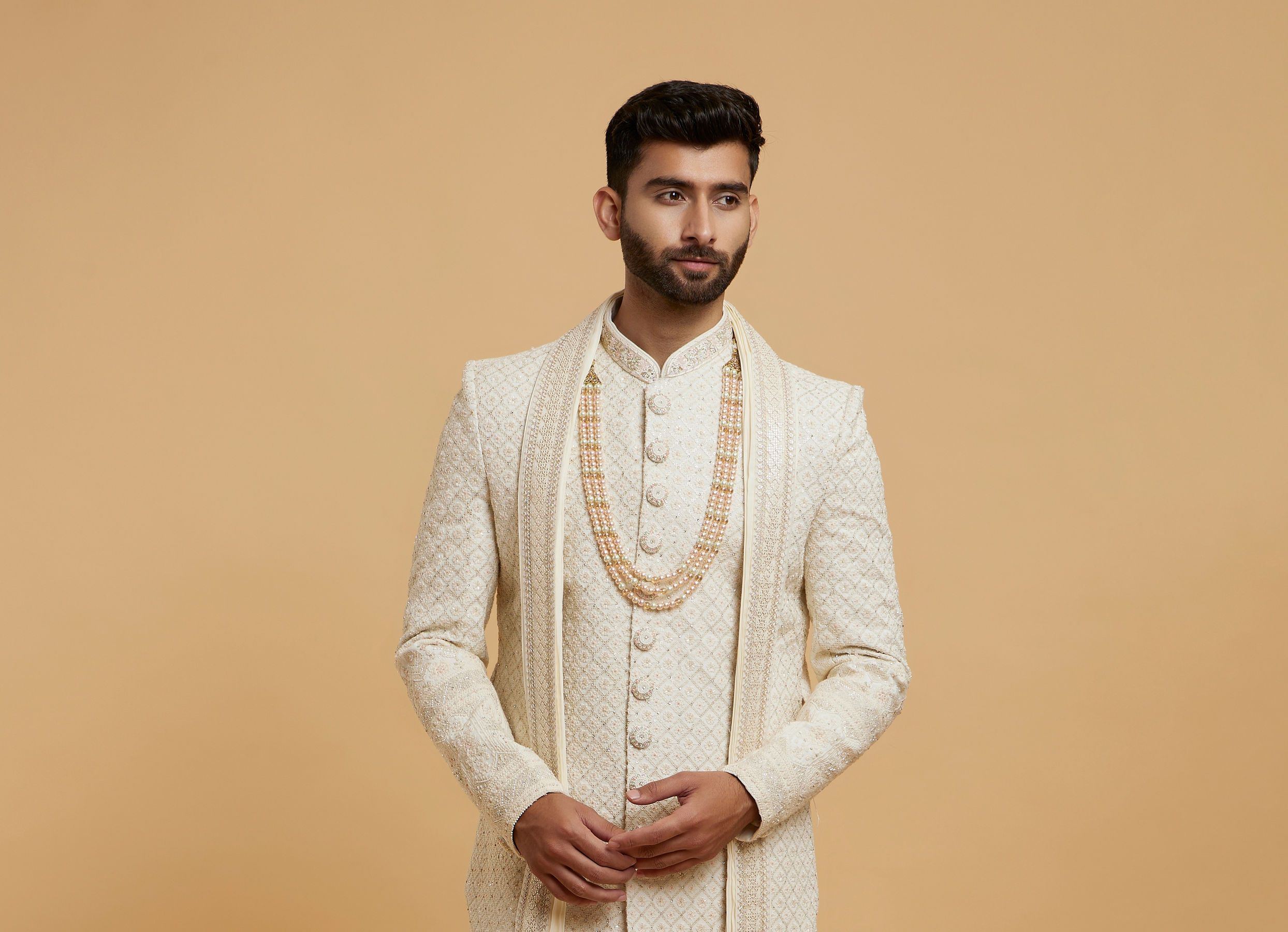 Twamev Men Cream Silk Sequin Hand Embroidered Sherwani
