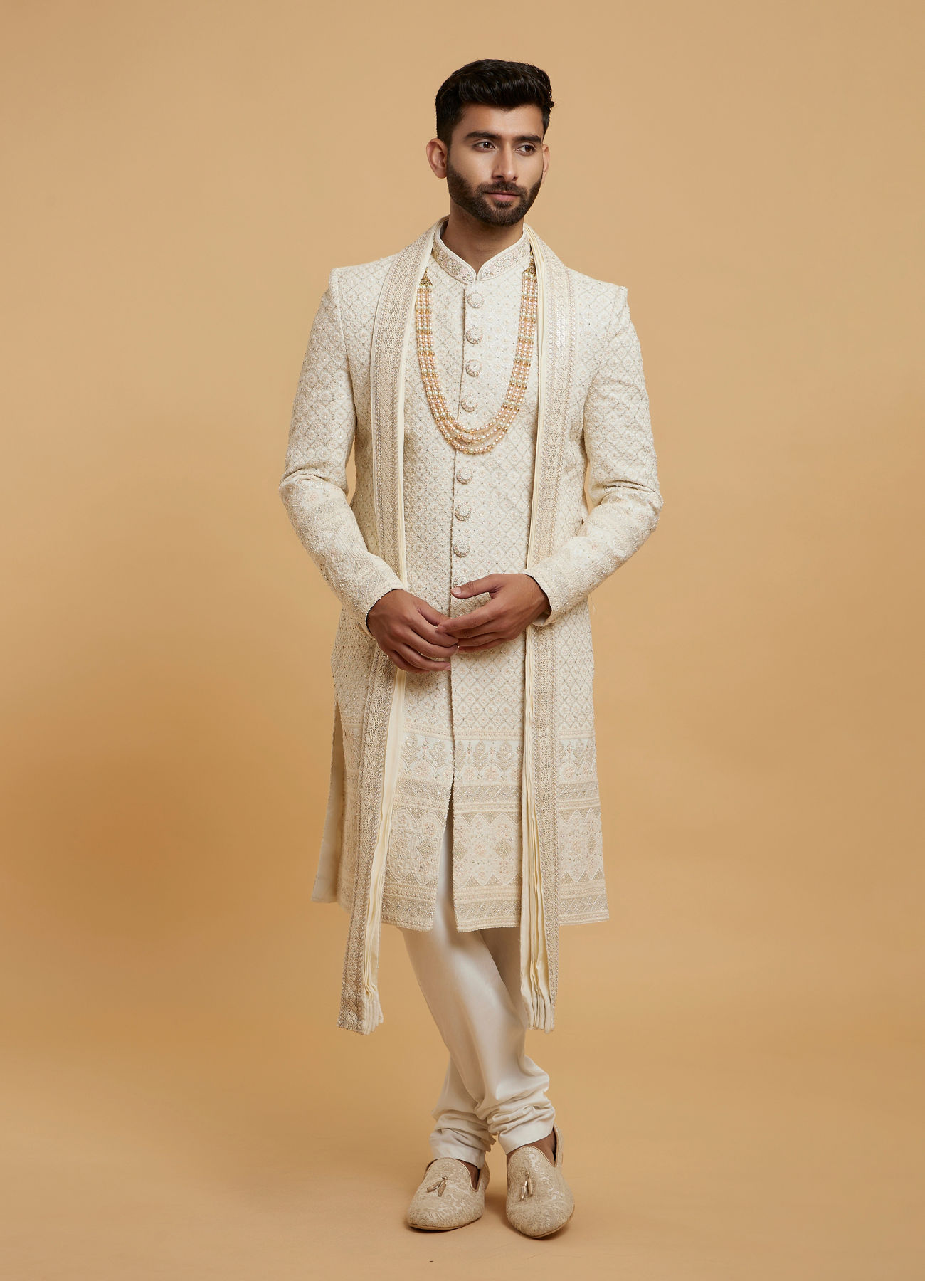 Twamev Men Cream Silk Sequin Hand Embroidered Sherwani