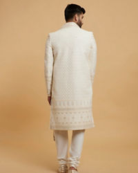 Twamev Men Cream Silk Sequin Hand Embroidered Sherwani