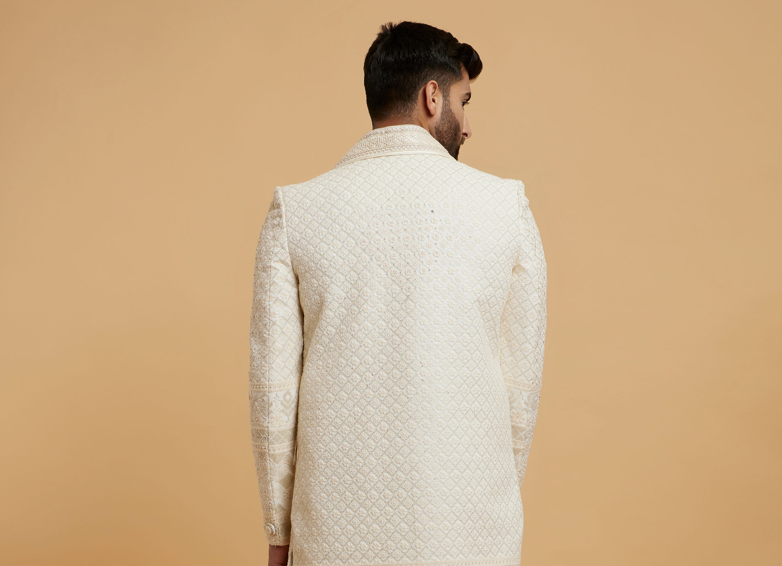Twamev Men Cream Silk Sequin Hand Embroidered Sherwani