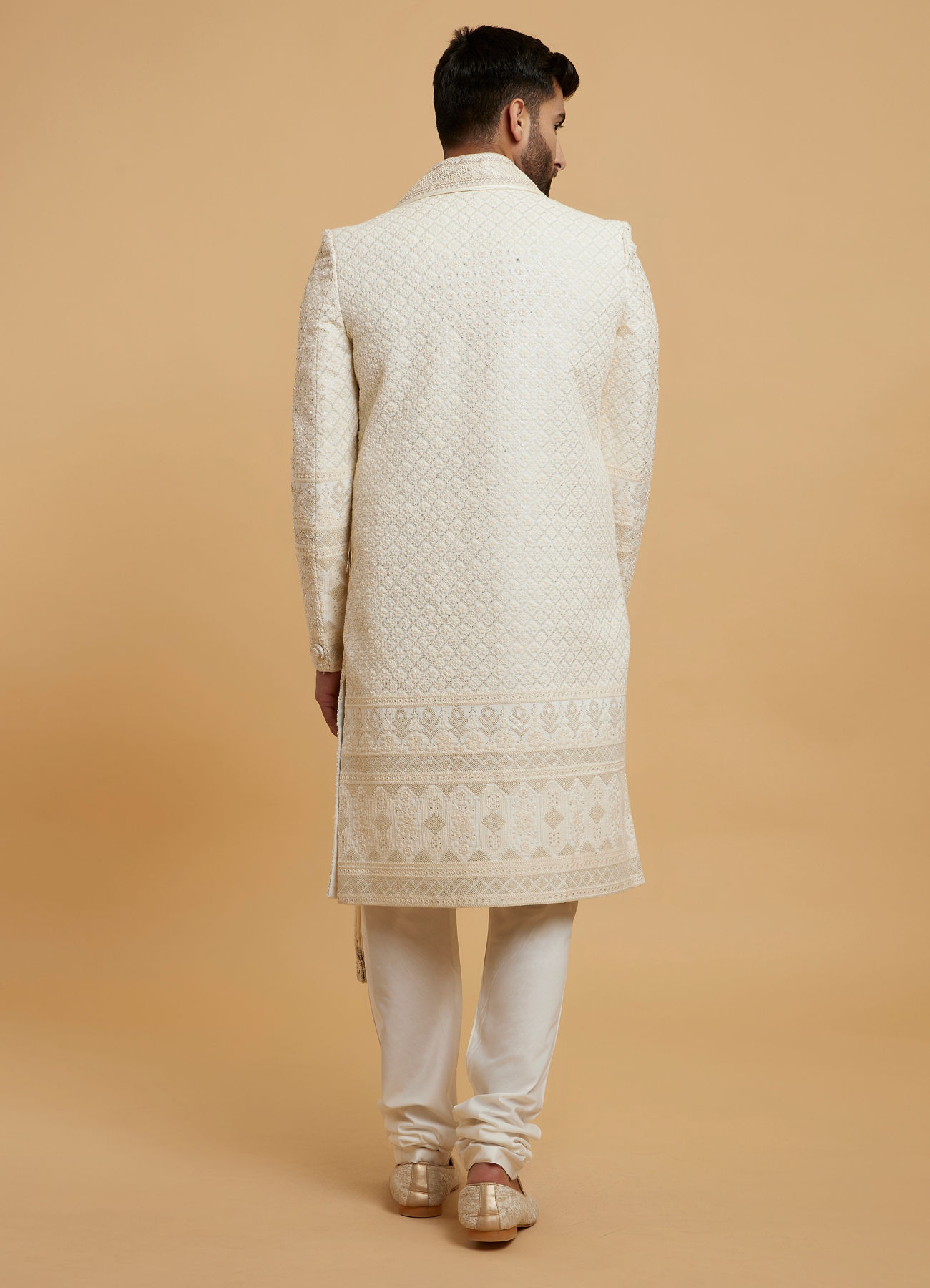 Twamev Men Cream Silk Sequin Hand Embroidered Sherwani