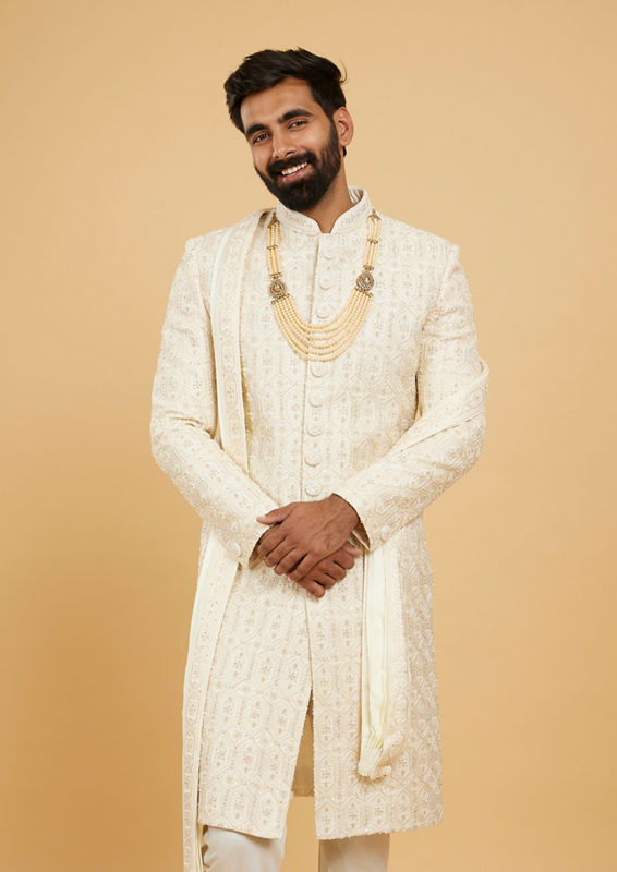 Twamev Men Cream Beige Honeycomb Patterned Sherwani Set with Mirror Work