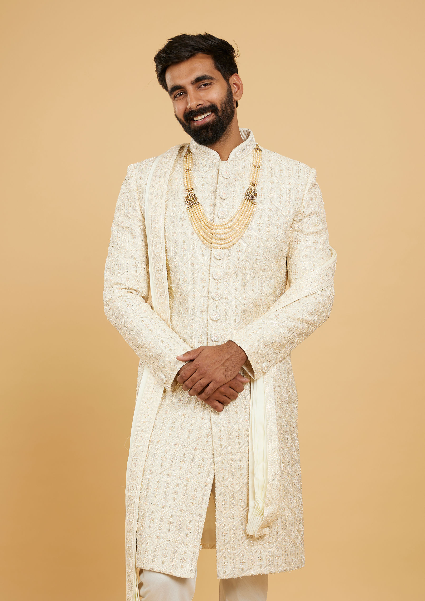 Twamev Men Cream Beige Honeycomb Patterned Sherwani Set with Mirror Work