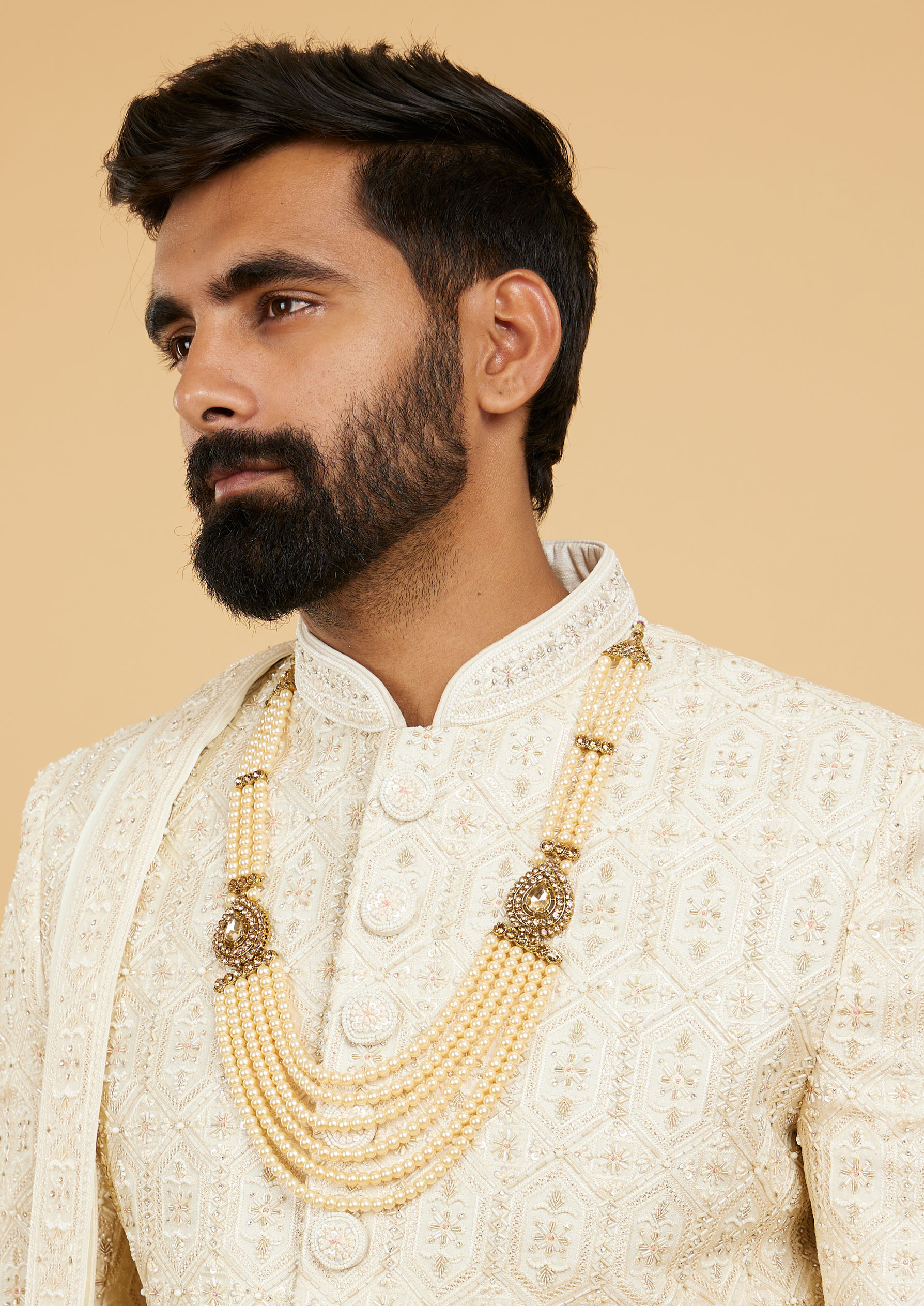 Twamev Men Cream Beige Honeycomb Patterned Sherwani Set with Mirror Work