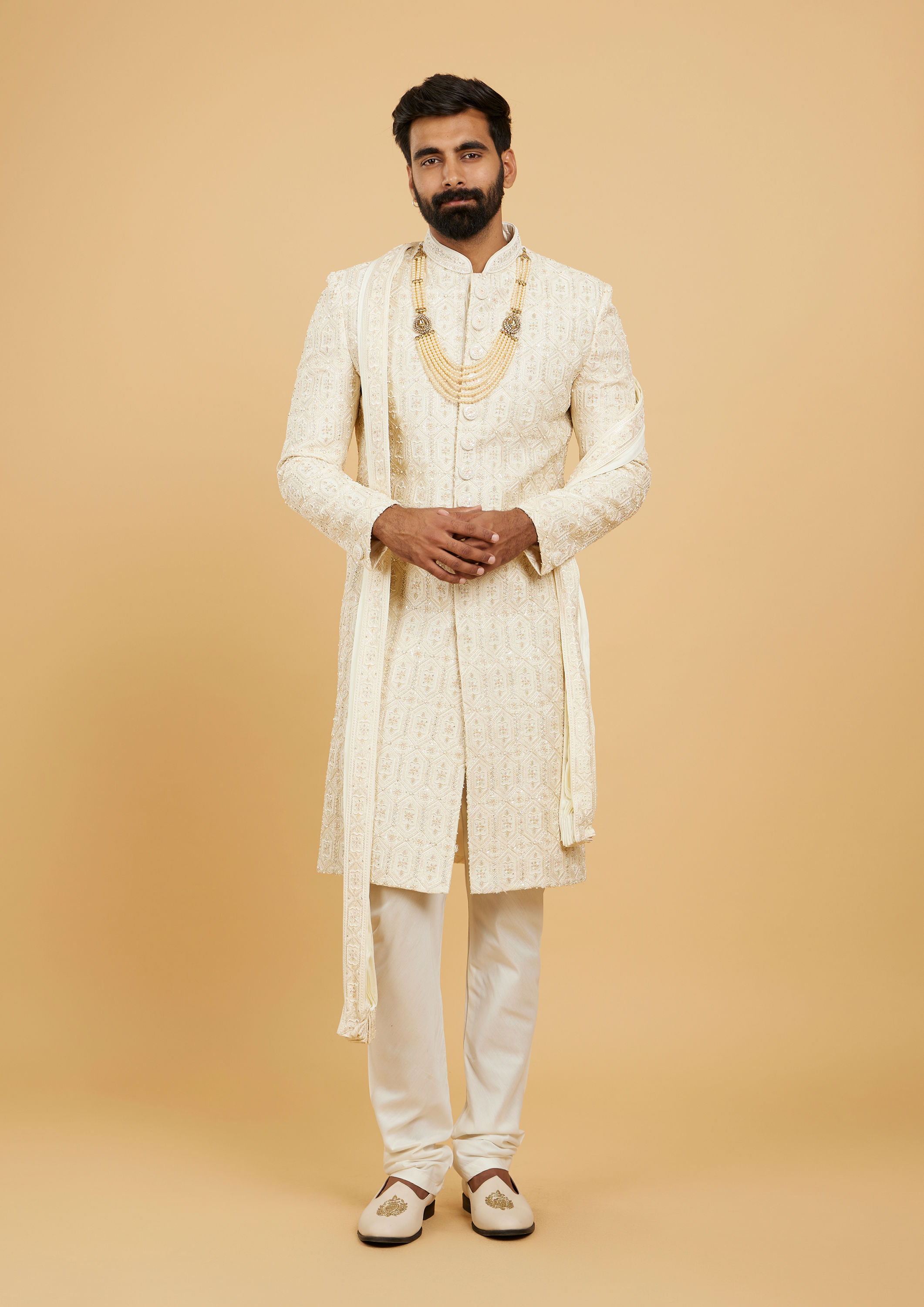 Twamev Men Cream Beige Honeycomb Patterned Sherwani Set with Mirror Work