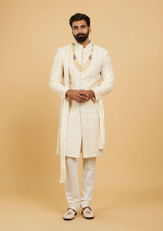 Twamev Men Cream Beige Honeycomb Patterned Sherwani Set with Mirror Work