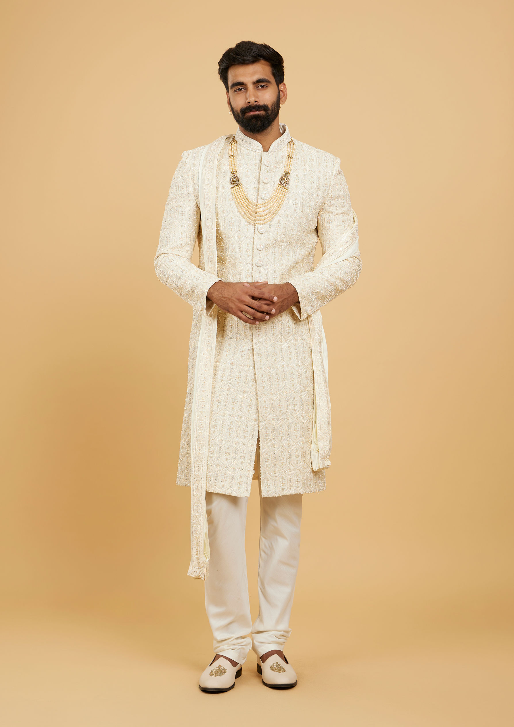 Twamev Men Cream Beige Honeycomb Patterned Sherwani Set with Mirror Work