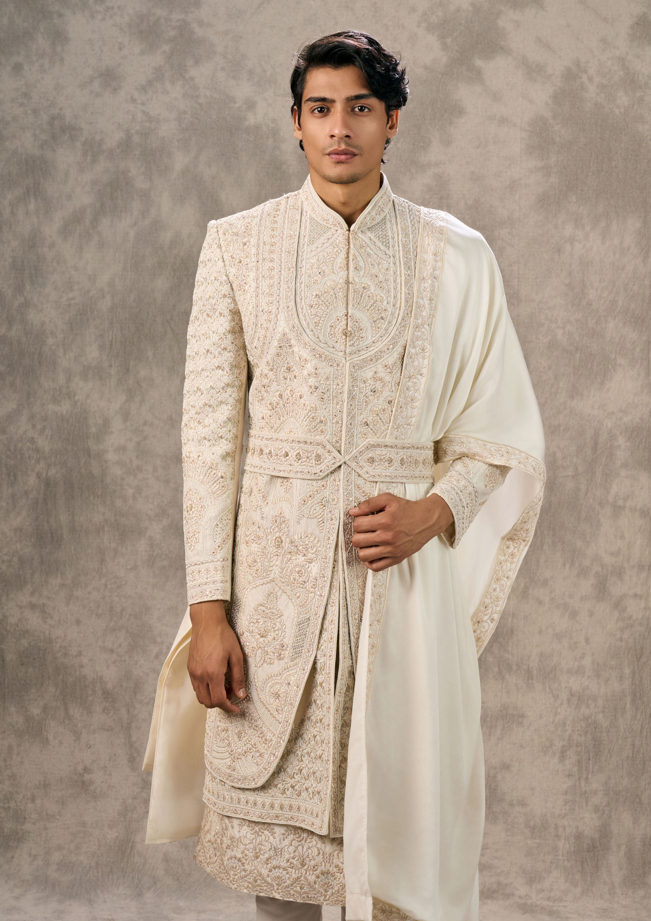 Twamev Men Cream Silk Zardosi Embroidered Layered Sherwani