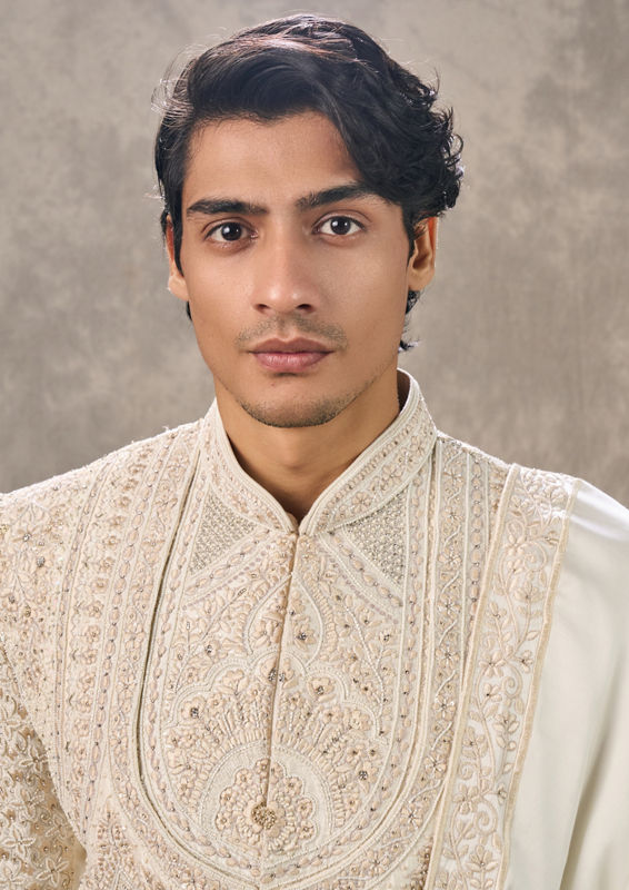 Twamev Men Cream Silk Zardosi Embroidered Layered Sherwani