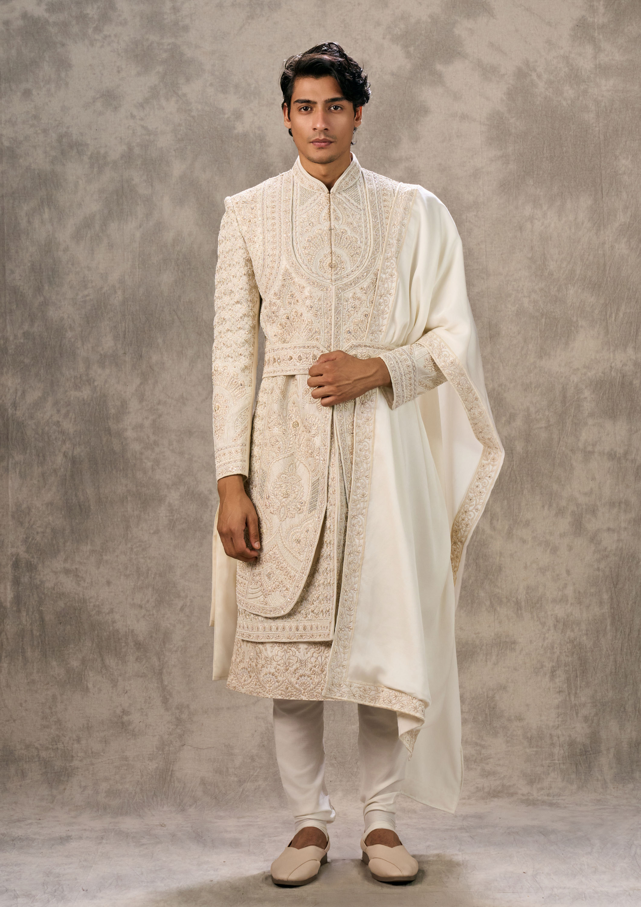 Twamev Men Cream Silk Zardosi Embroidered Layered Sherwani