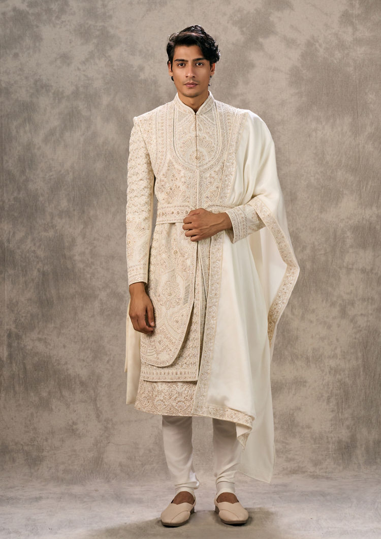Twamev Men Cream Silk Zardosi Embroidered Layered Sherwani