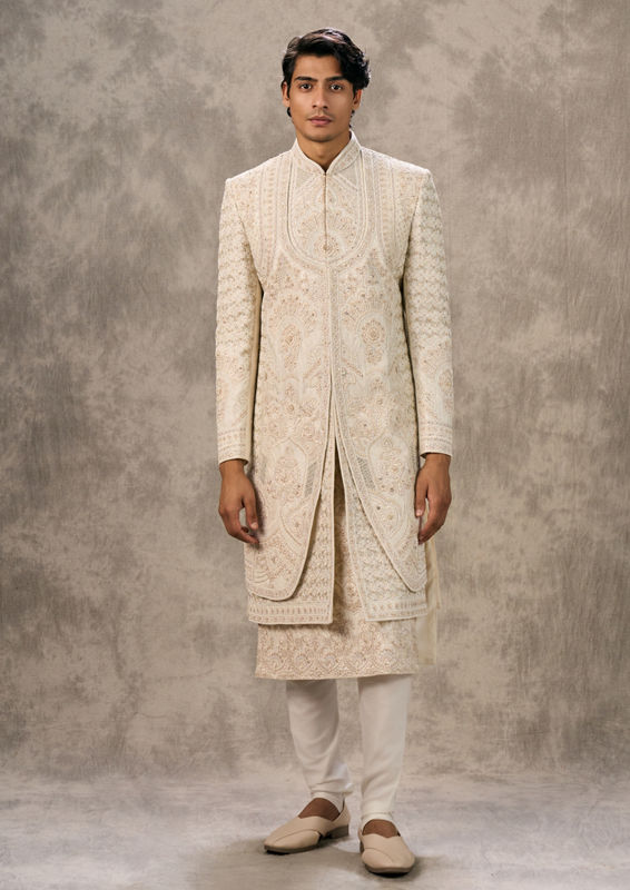 Twamev Men Cream Silk Zardosi Embroidered Layered Sherwani