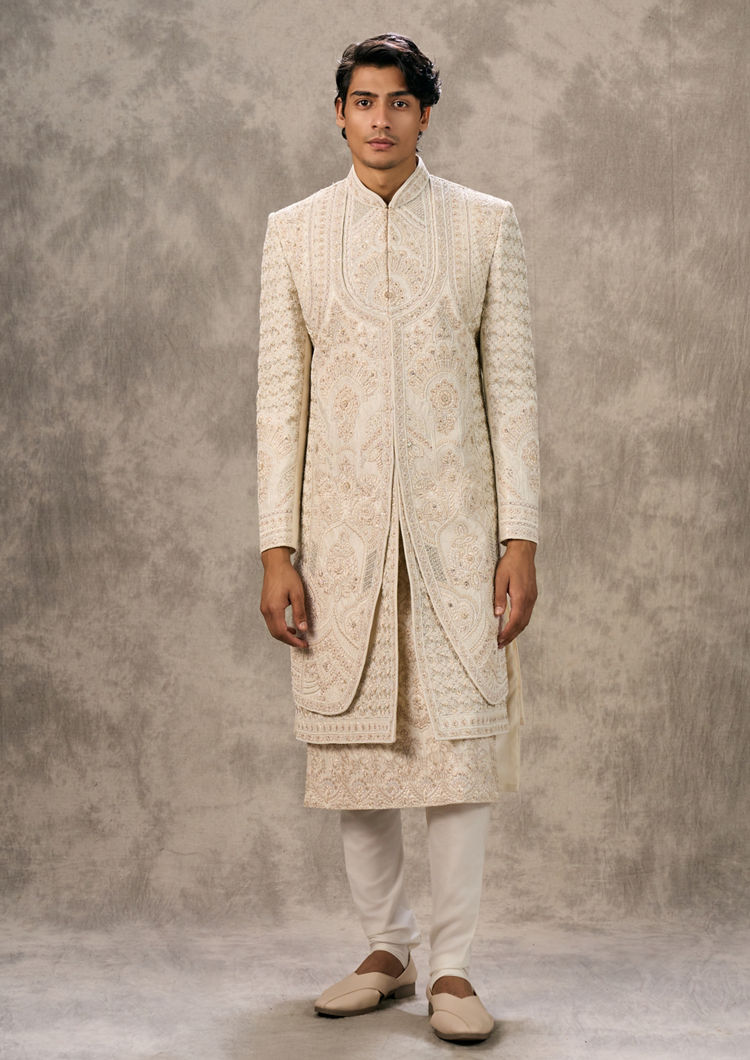 Twamev Men Cream Silk Zardosi Embroidered Layered Sherwani