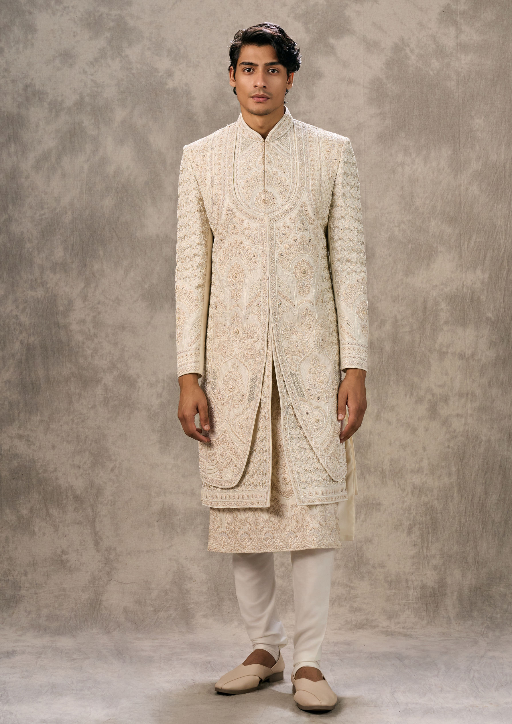 Twamev Men Cream Silk Zardosi Embroidered Layered Sherwani
