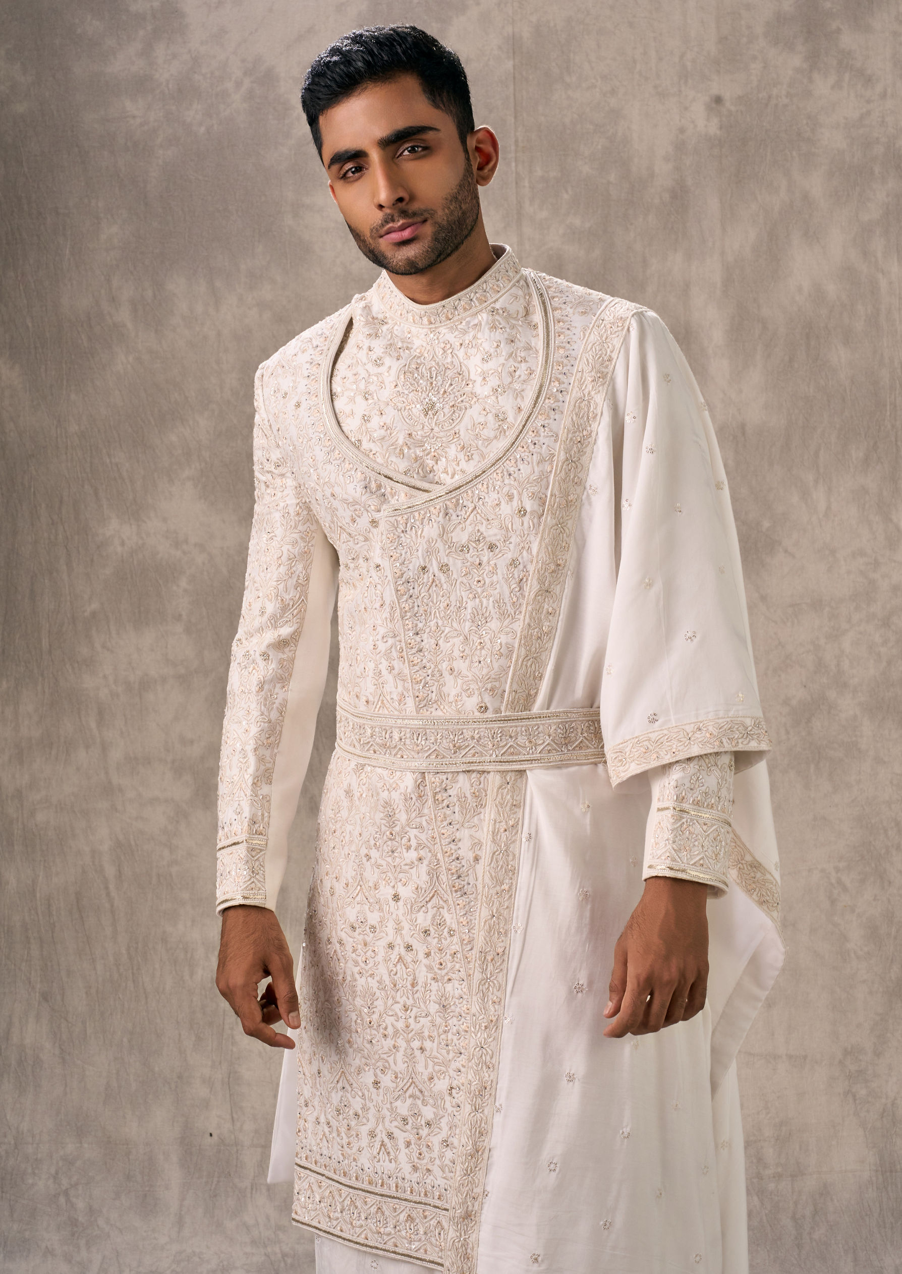 Twamev Men Cream Silk Resham Embroidered Overlapping Sherwani