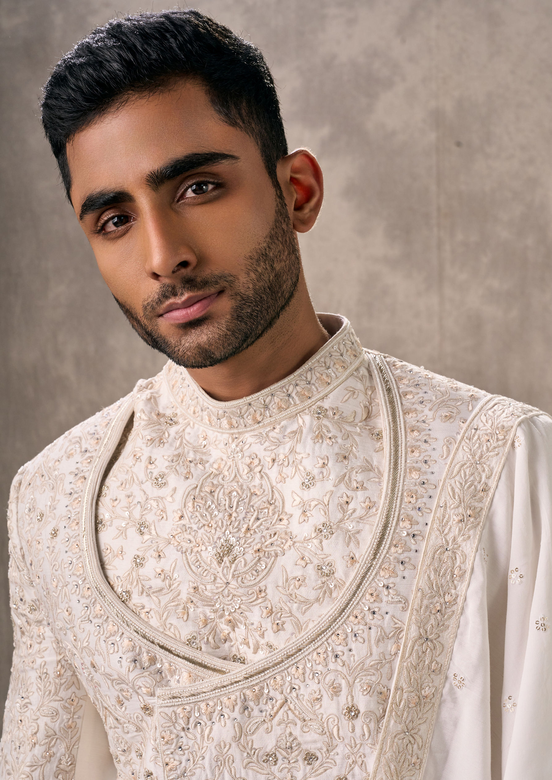 Twamev Men Cream Silk Resham Embroidered Overlapping Sherwani