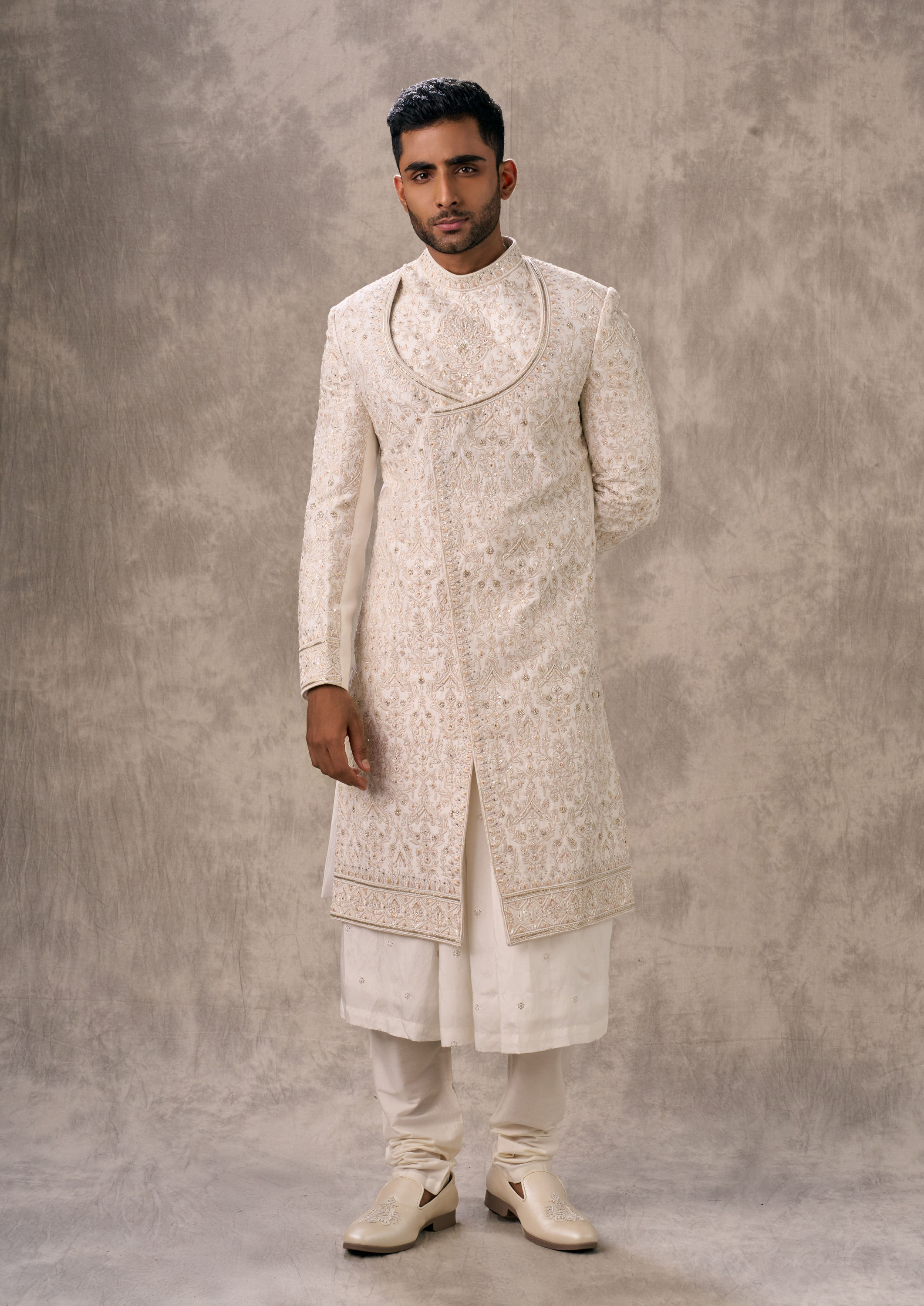 Twamev Men Cream Silk Resham Embroidered Overlapping Sherwani