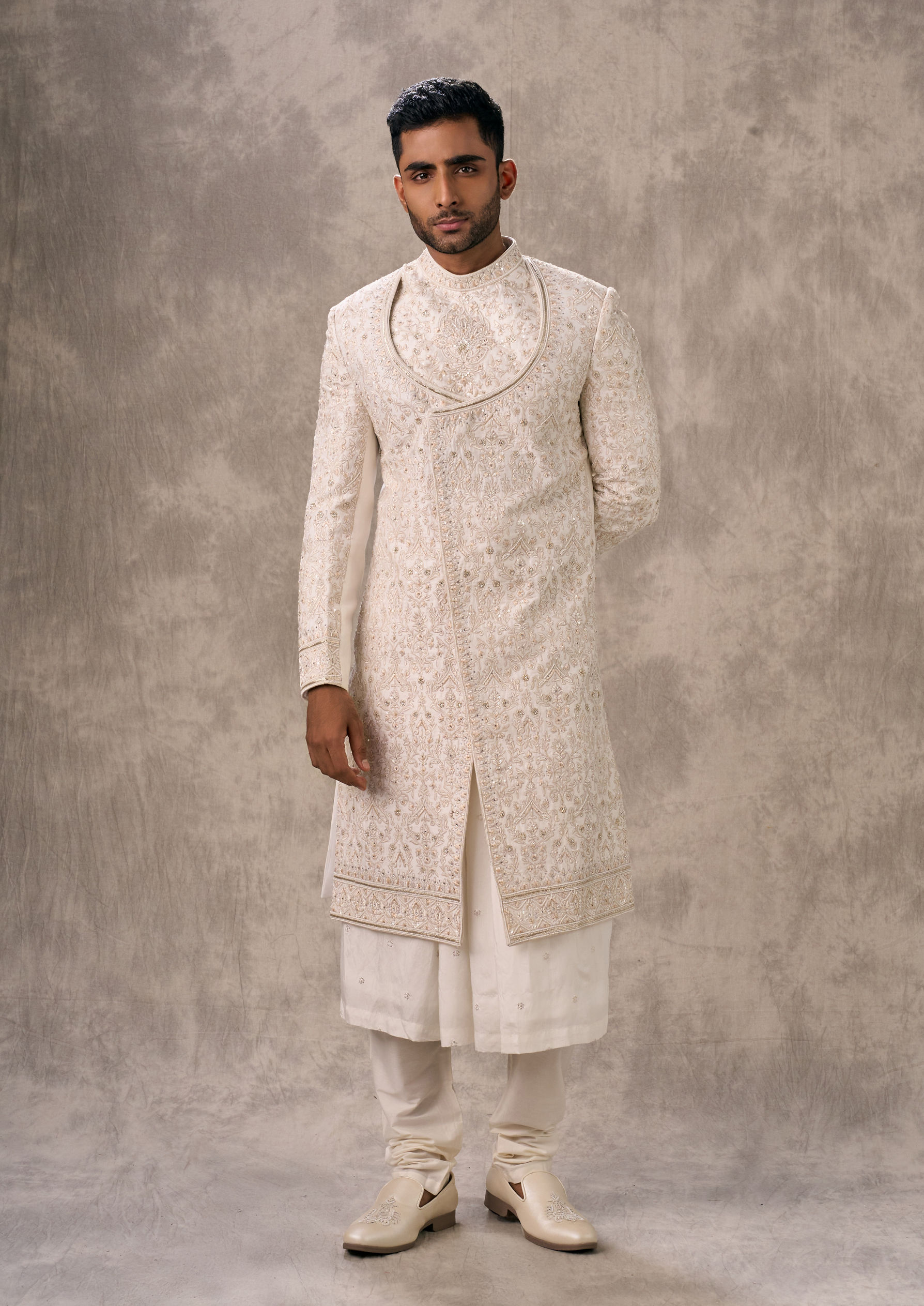 Twamev Men Cream Silk Resham Embroidered Overlapping Sherwani