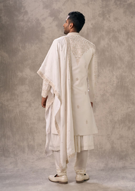 Twamev Men Cream Silk Resham Embroidered Overlapping Sherwani
