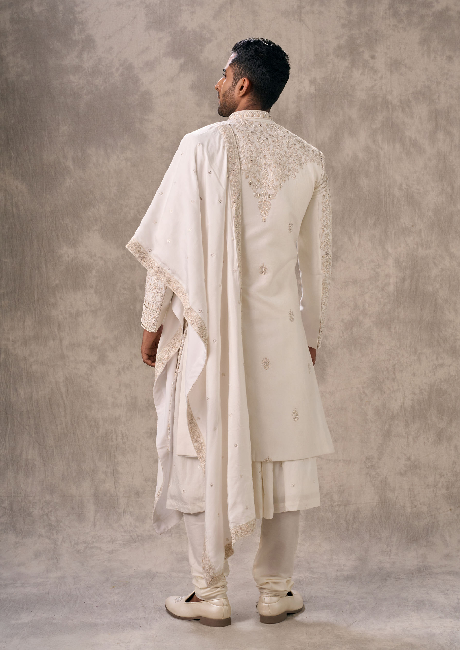 Twamev Men Cream Silk Resham Embroidered Overlapping Sherwani