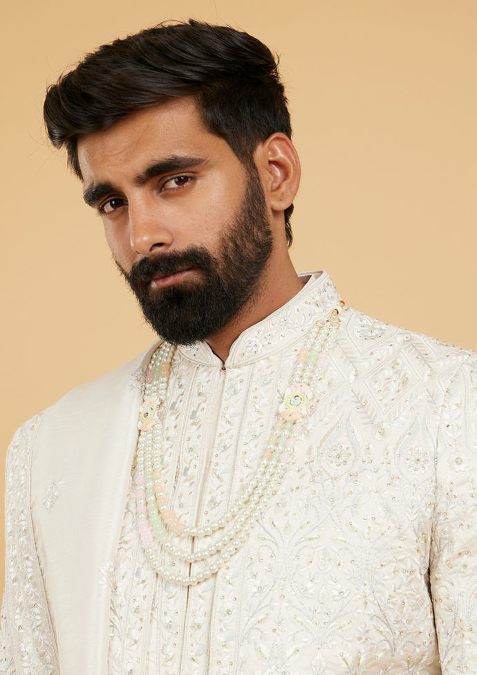 Twamev Men Pristine Beige Pista Green Sherwani