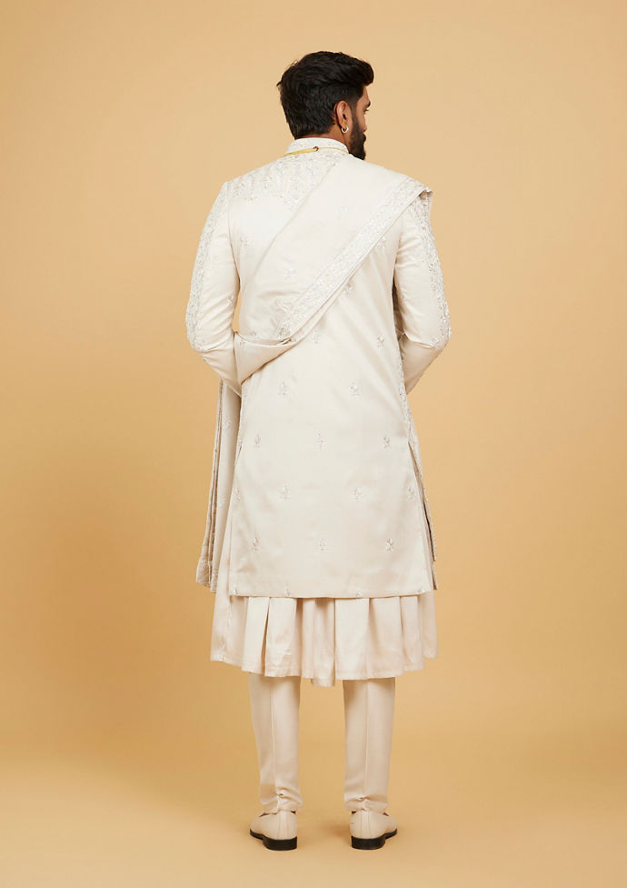 Twamev Men Pristine Beige Pista Green Sherwani