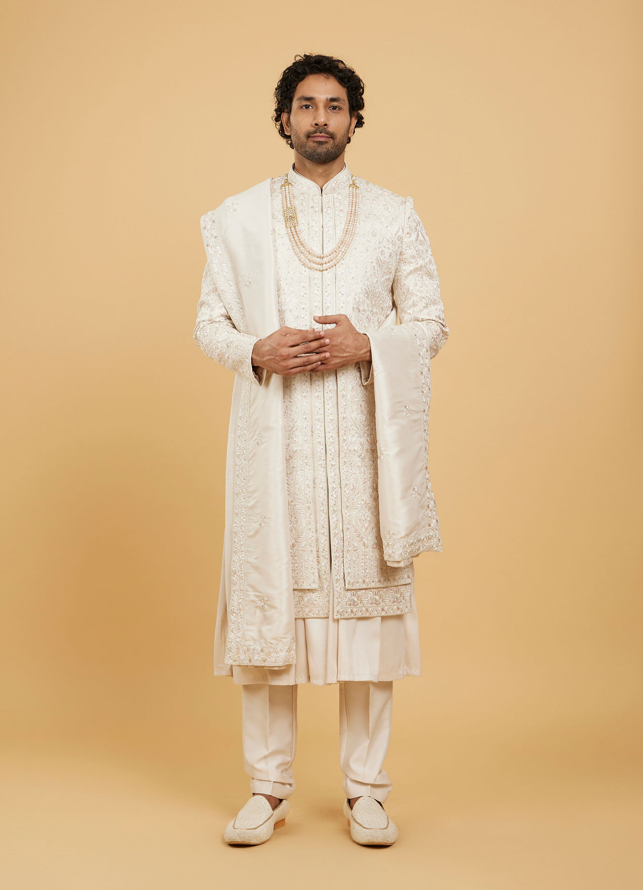 Buy Beige Pink Silk Resham Hand Embroidered Sherwani Online in the USA ...