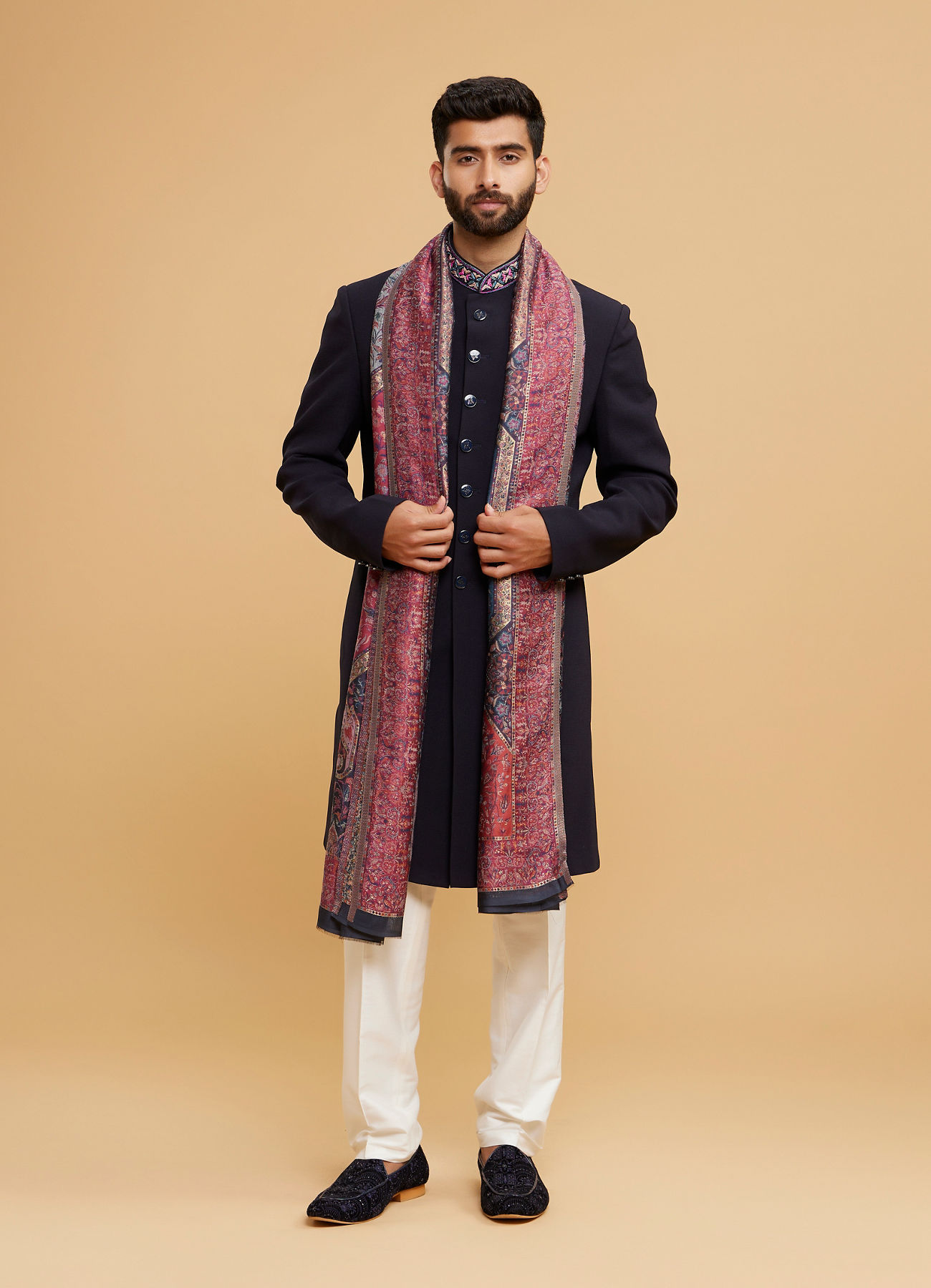 Buy Dark Blue Achkan with Printed Stole and Contrast Mandarin Collar ...