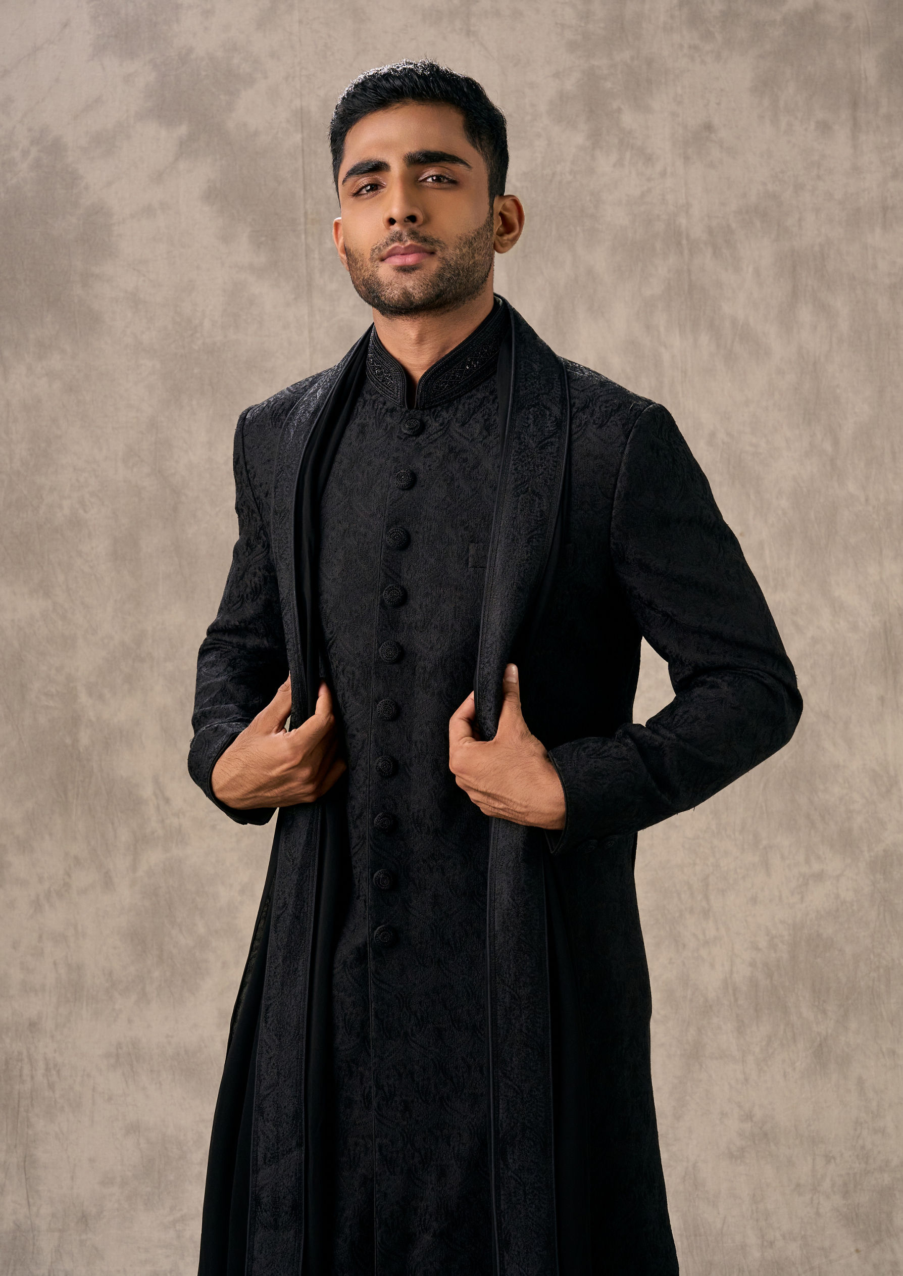 Twamev Men Black Silk Thread Embroidered Sherwani