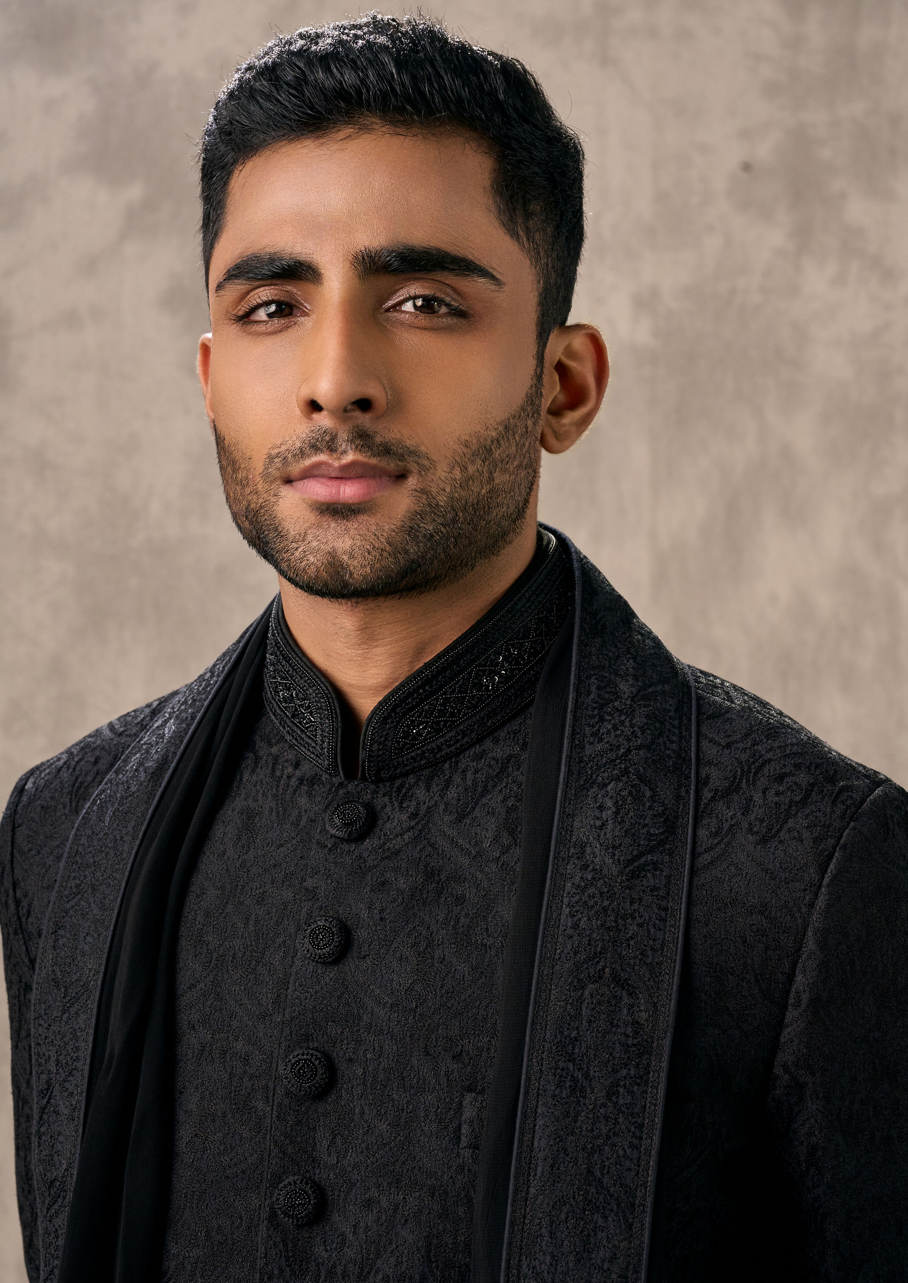 Twamev Men Black Silk Thread Embroidered Sherwani
