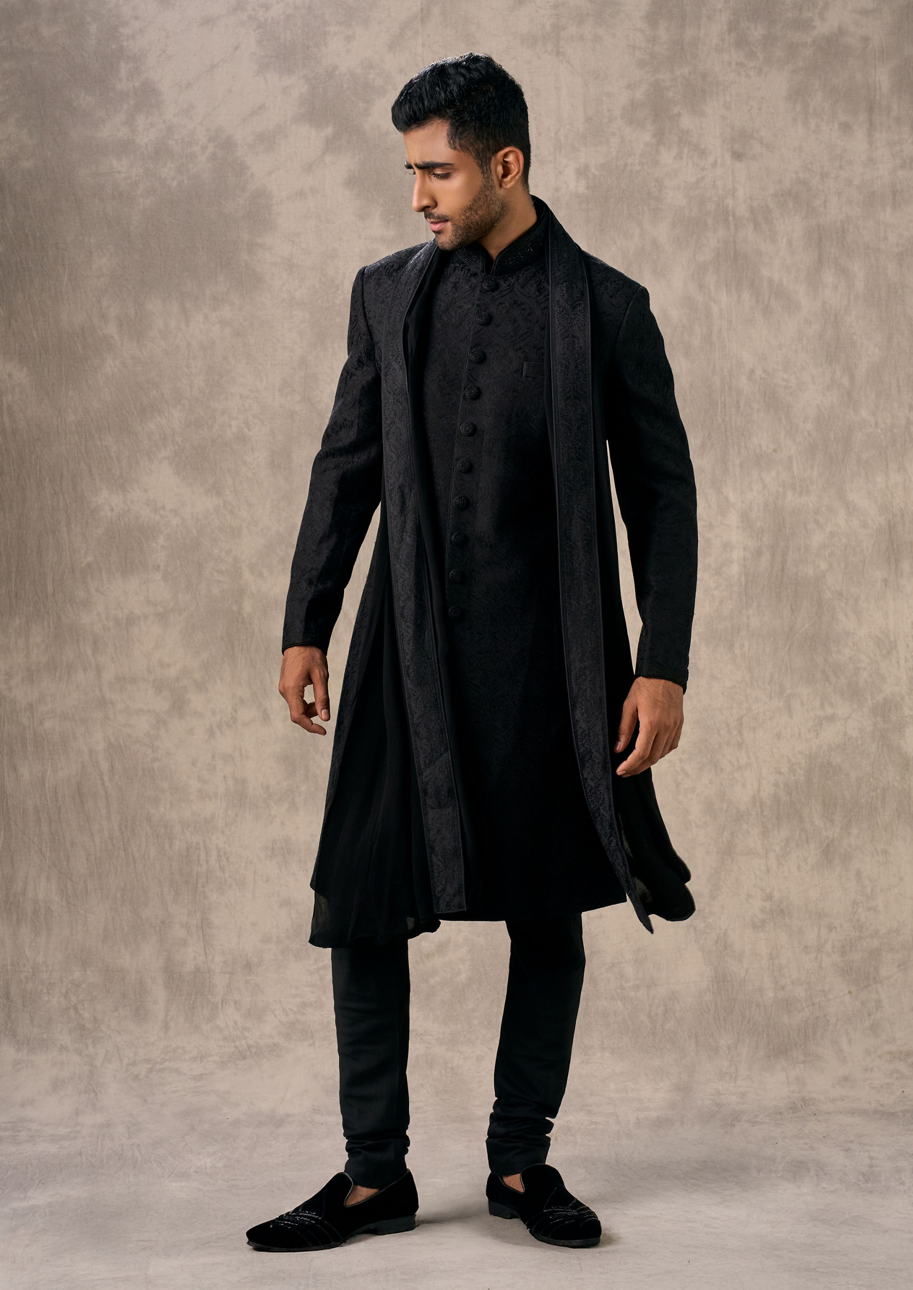 Twamev Men Black Silk Thread Embroidered Sherwani