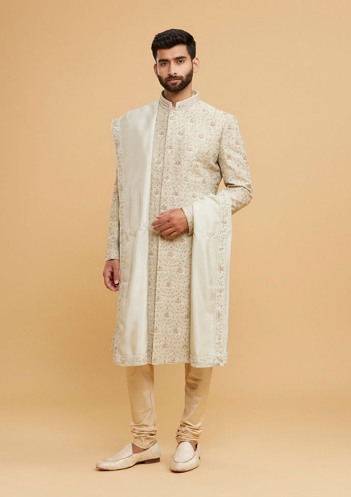 Twamev Men Pista Green Brocade Masterpiece Sherwani