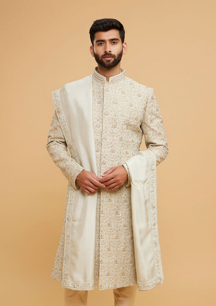 Twamev Men Pista Green Brocade Masterpiece Sherwani