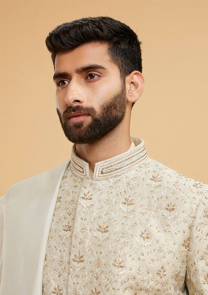 Twamev Men Pista Green Brocade Masterpiece Sherwani
