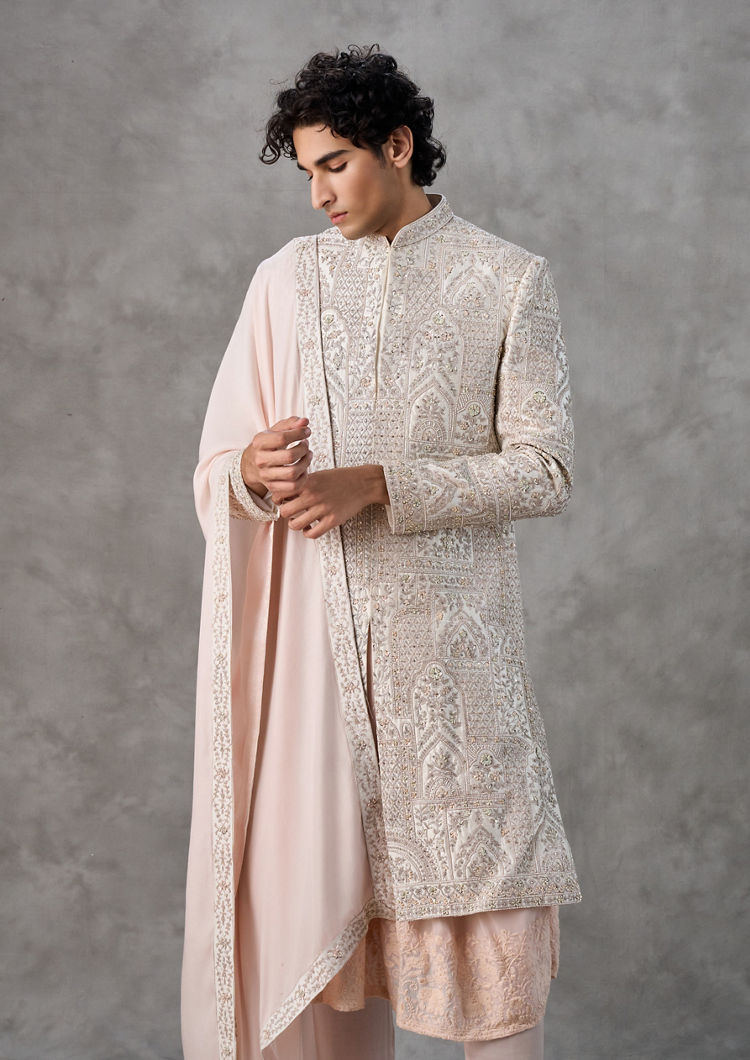 Twamev Men Regal Cream Pink Sherwani