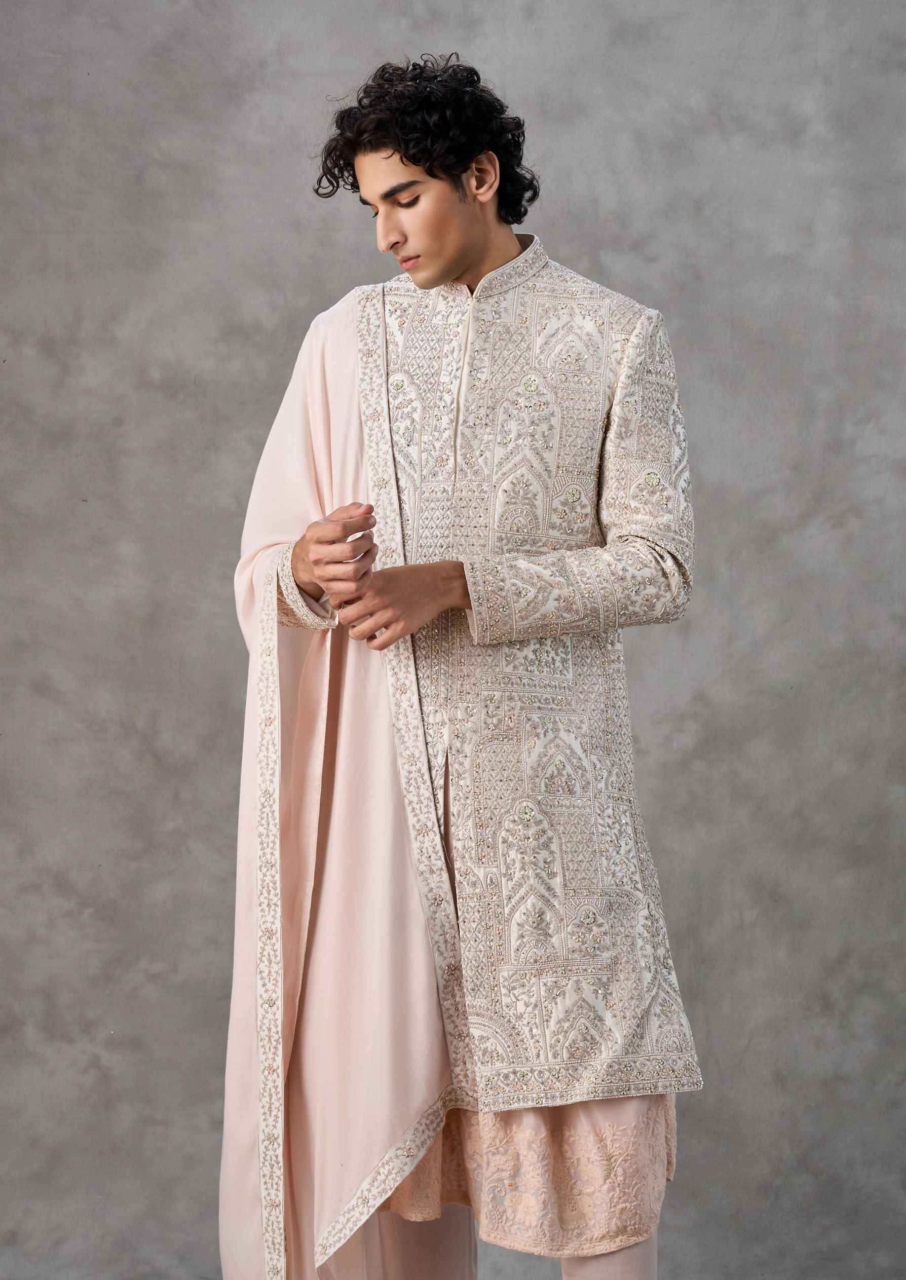Twamev Men Regal Cream Pink Sherwani