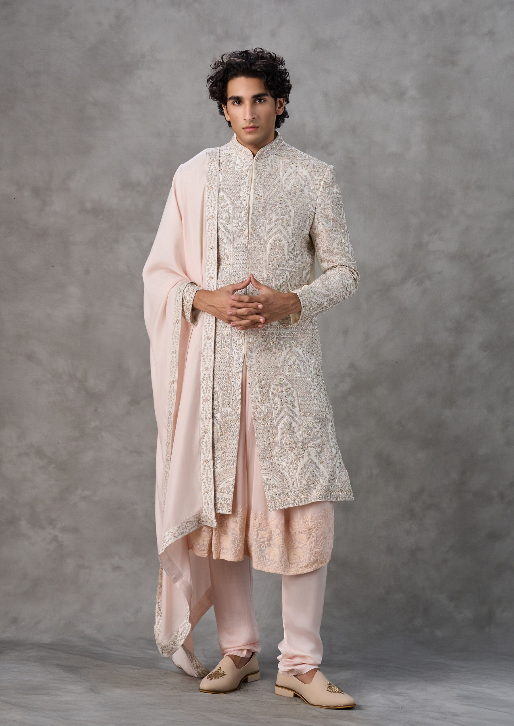 Twamev Men Regal Cream Pink Sherwani
