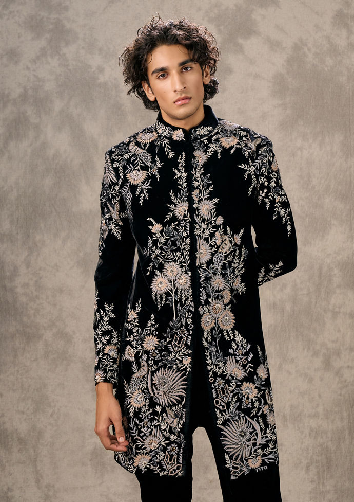 Twamev Men Black Velvet Extravaganza Sherwani