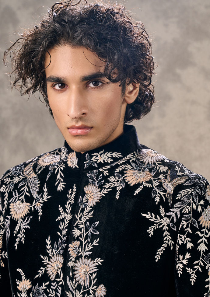 Twamev Men Black Velvet Extravaganza Sherwani