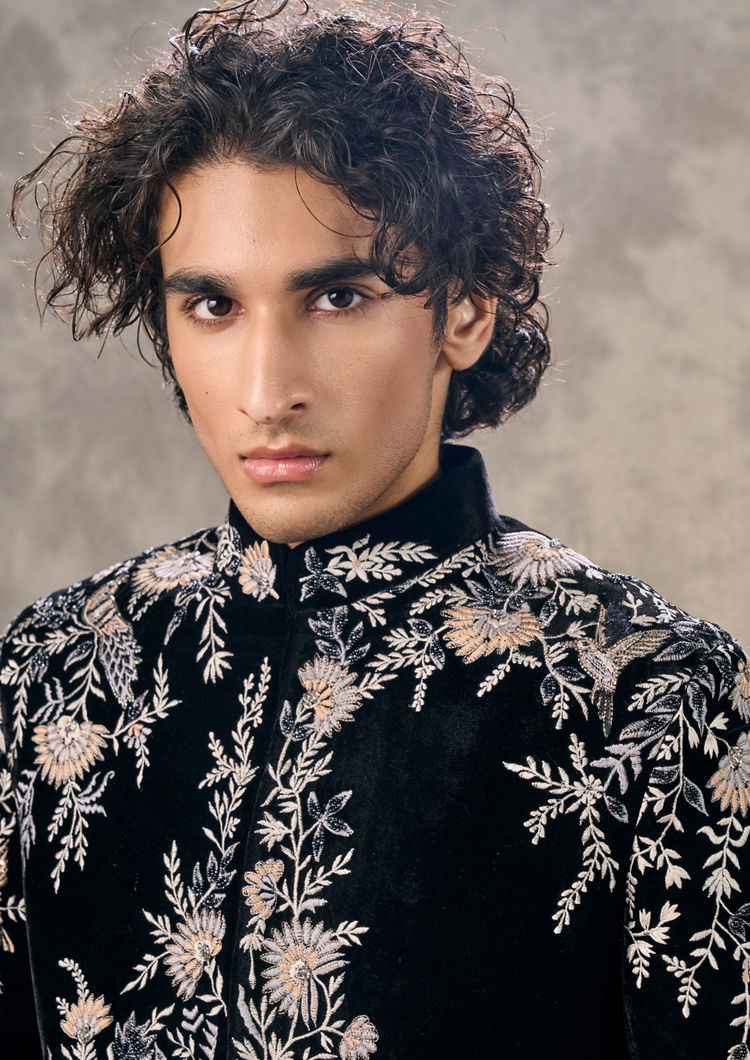 Twamev Men Black Velvet Extravaganza Sherwani