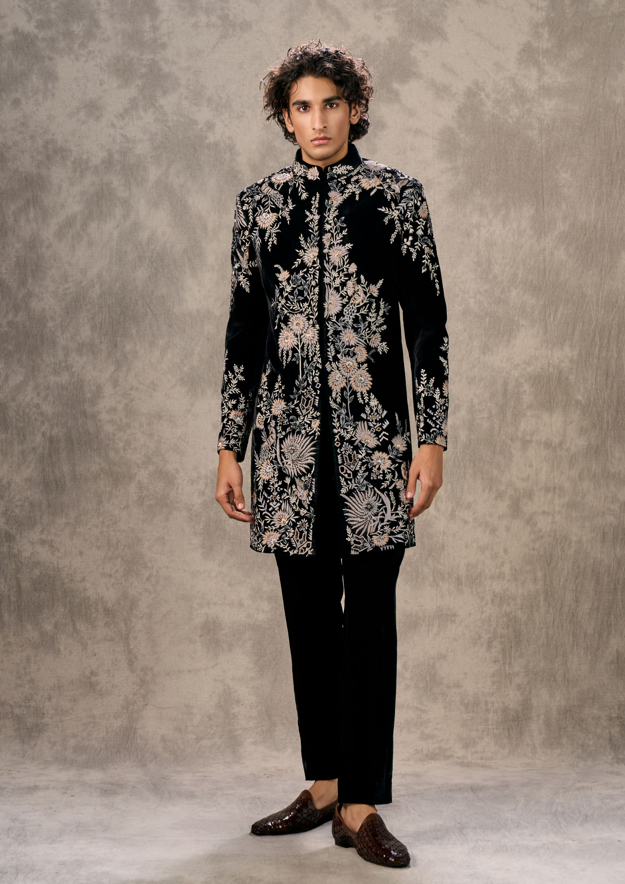 Twamev Men Black Velvet Extravaganza Sherwani