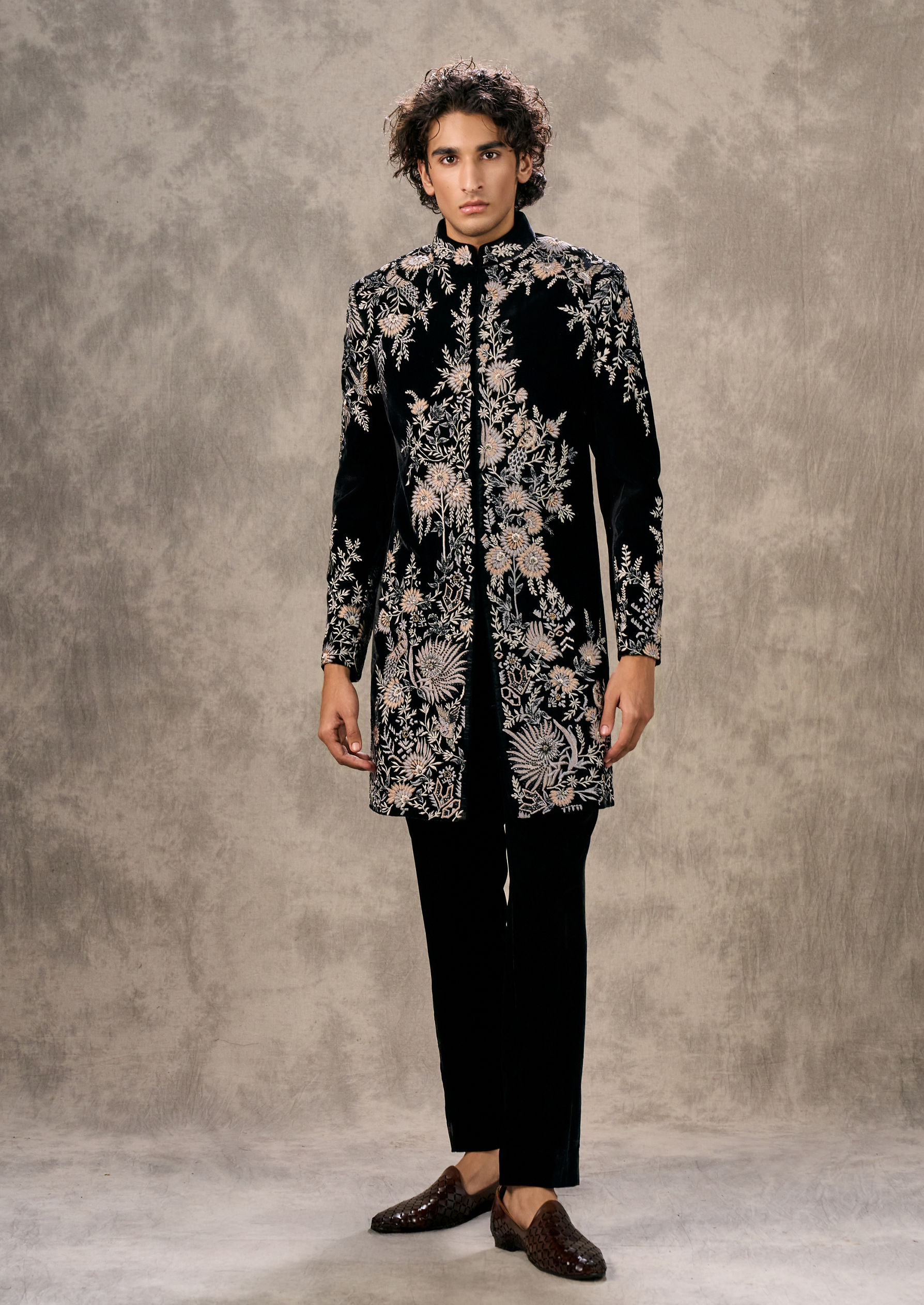 Twamev Men Black Velvet Extravaganza Sherwani
