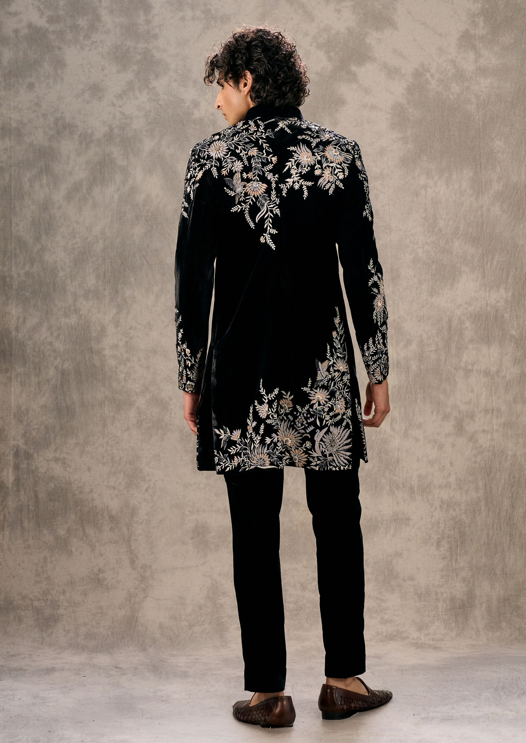 Twamev Men Black Velvet Extravaganza Sherwani
