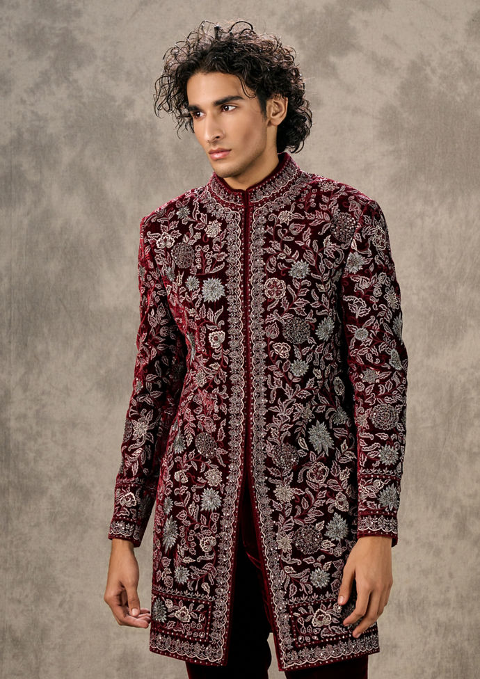 Twamev Men Maroon Velvet Majesty Indo Western